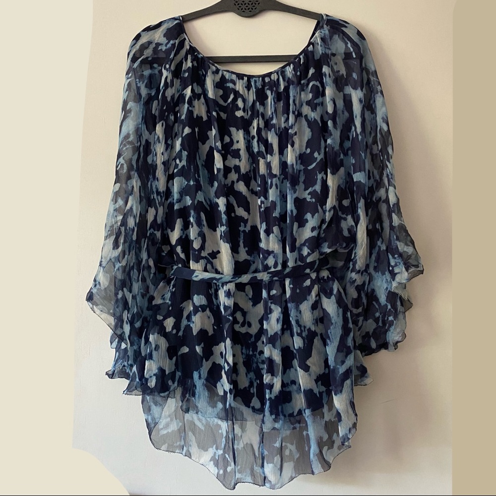 Catherine Malandrino 100% silk blue watercolor print tie dolman tunic blouse - Picture 6 of 9